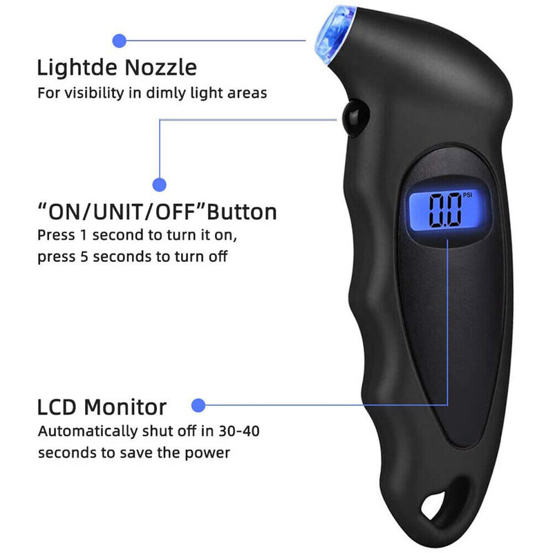 HB-110 Digital Tire Pressure Gauge 0-150 PSI for Car Motorcycle (Black) Newly