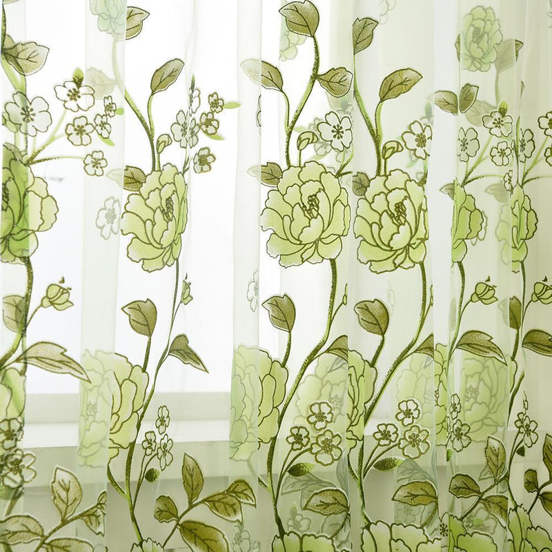 Peony Flower Offset Printing Curtain Yarn Tulle Curtain for Decor(Green)