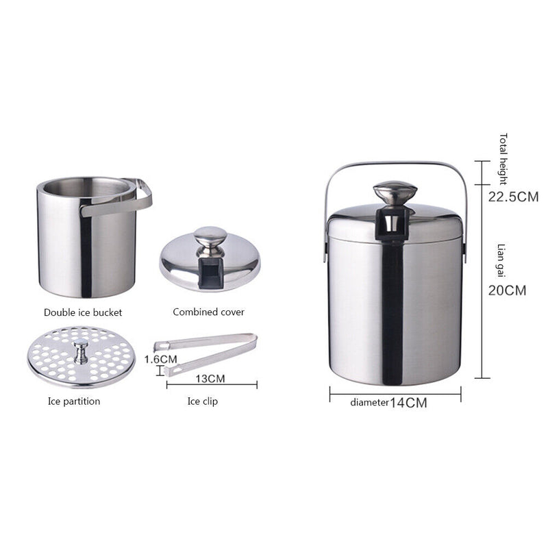 1300ml Stainless Steel Ice Bucket Double Layer Wine Beer Ice Cube Tray w/ Tongs