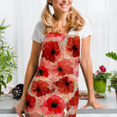 Red Flower Print Apron Linen Waterproof Bibs Kitchen Pinafore (82x68cm)