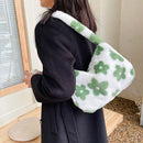 Women Plush Fur Flower Pattern Top-handle Bag Winter Small Casual Handbag