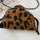Women Mini Corduroy Crossbody Bag Shoulder Drawstring Phone Purse (Leopard)