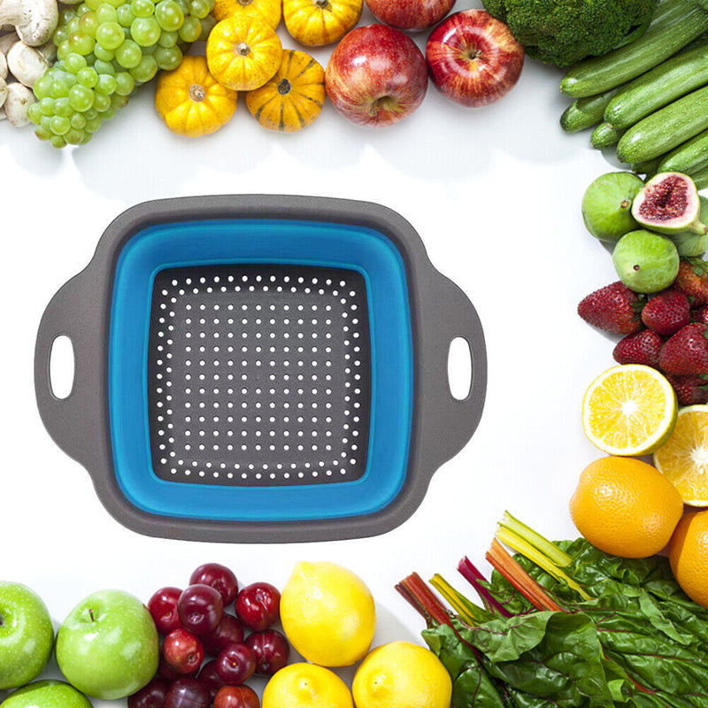 Folding Silicone Drain Basket Fruit Vegetable Washing Strainer (Blue L)