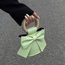 Sweet Bow Tie Mini Leather Bucket Crossbody Bag Women Round Wooden Handle Purse