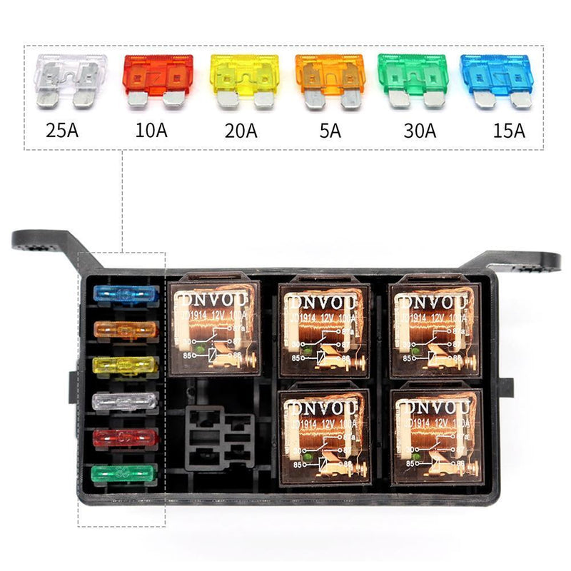 Universal 12V Car Marine 6-Way Relay+ 6-Slot ATO/ATC Blade Fuse Holder Box Newly