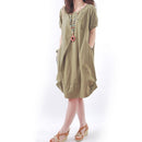 Solid Color Pleated O Neck Dress Button Women Short Sleeve Casual Loose Dresses