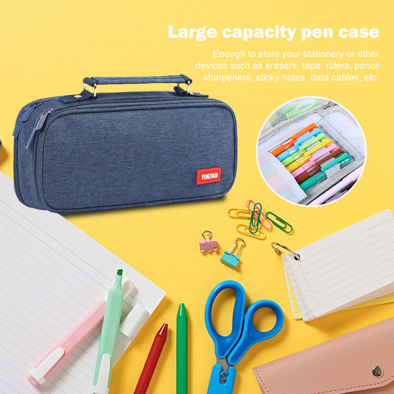 Large Capacity Pen Case Spacious Canvas Stationery Storage Bag (Dark Blue) Newly
