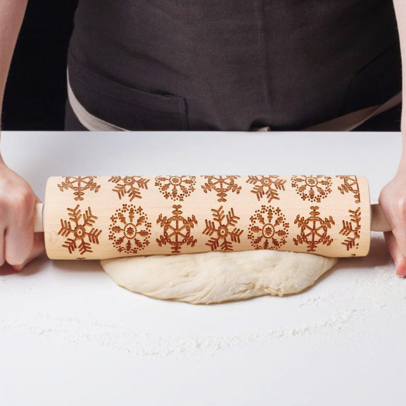 Christmas Snowflake Embossing Rolling Pin Baking Cookies Engraved Roller