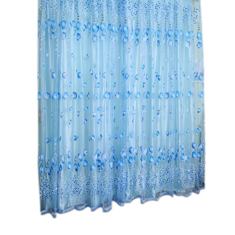 Tulip Flower Yarn Sheer Window Curtain Scarf Drapes for Bedroom (Blue)