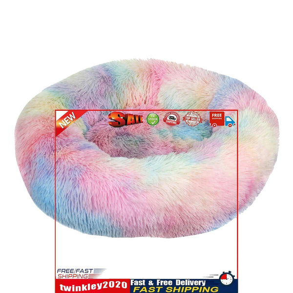 Calming Dog Bed - Round Faux Fur Donut Cuddler for Dog & Cat (Rainbow) Newly