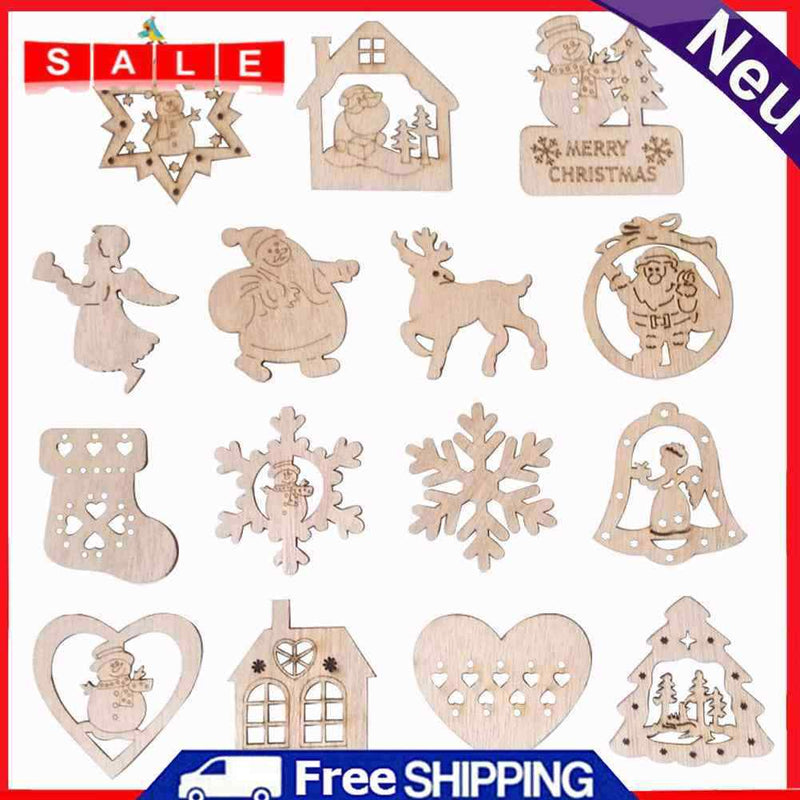 15pcs Christmas Hollowed-out Hanging Ornament Wooden Pendant Room Decoration