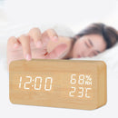 Alarm Clock LED Wooden Watch Table Voice Control Digital Wood Electronic Desktop
