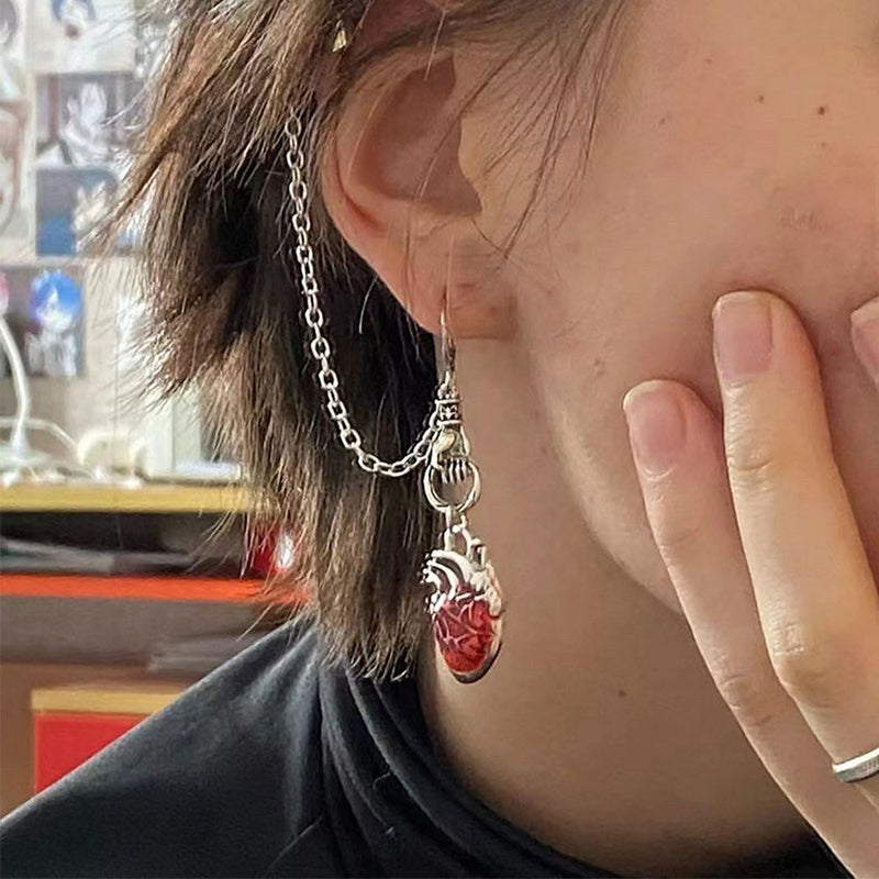 Witchy The Beating Heart Chain Ear Clip Asymmetrical Cuff Earrings Jewelry Gift