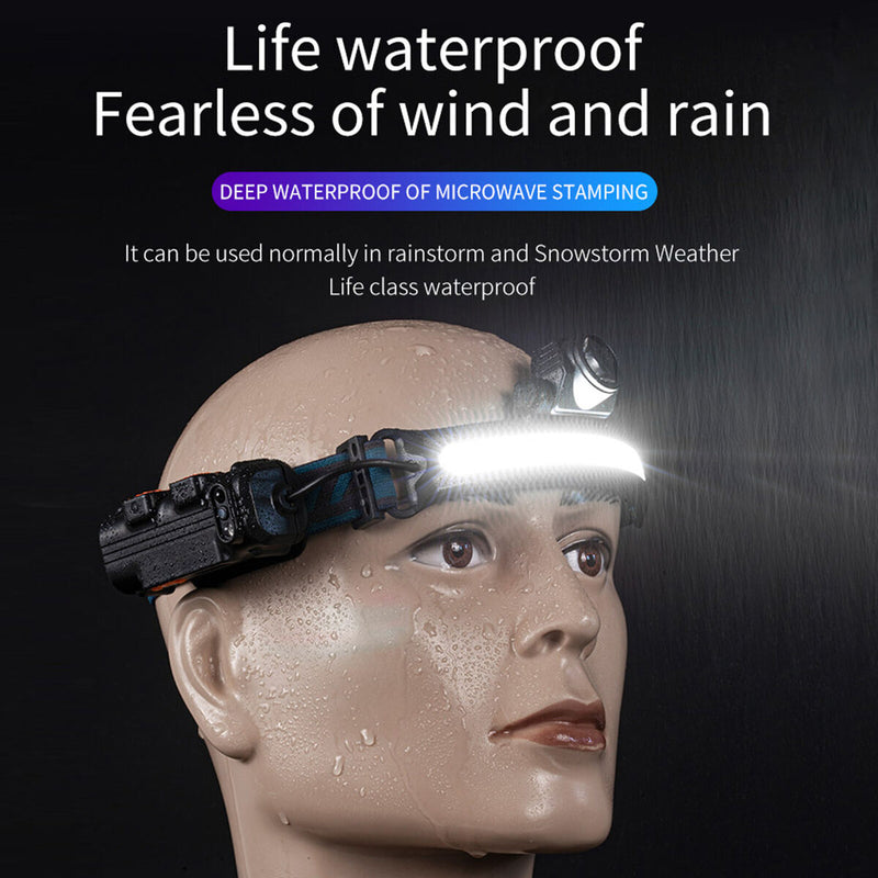 LED Headlamp Flashlight Outdoor Wide Beam COB Head Lamp with Motion Sensor Newly