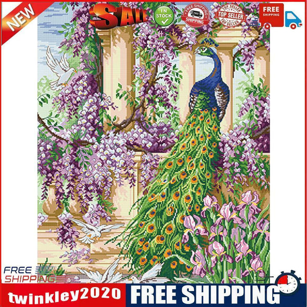 Full Embroidery DIY Canvas Stamped 11CT Cross Stitch Peafowl Flower Kit