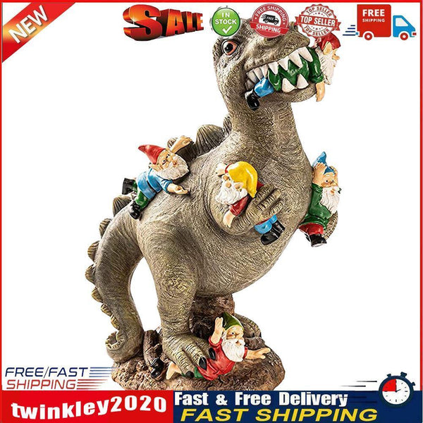 Dinosaur Eating Gnomes Garden Statue Outdoor Art Sculpture for Patio (S) Newly