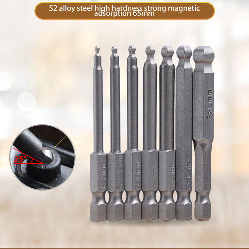 7pcs Magnetic Ball End Hex Shank 65mm Allen Wrench Screwdriver Drill Bits
