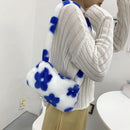 Retro Women Flower Print Shoulder Underarm Bag Winter Plush Purse (Blue)