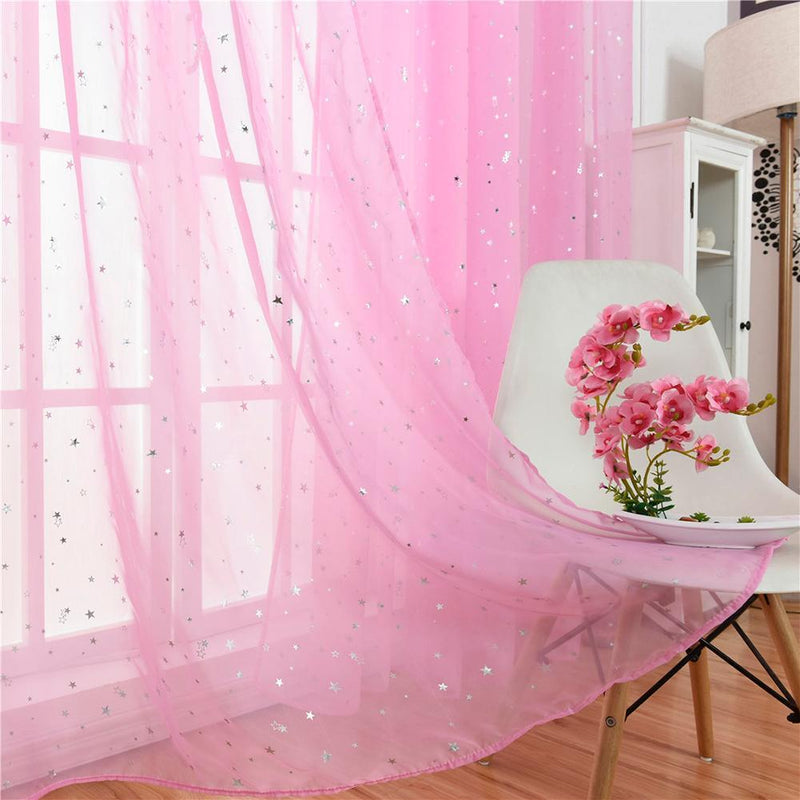 Star Print Tulle Curtains Window Drapes Sheer Purdah for Living Room(Pink)