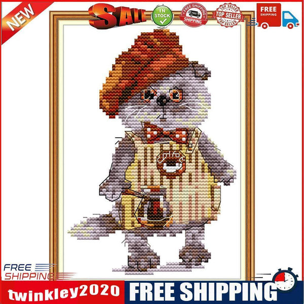DIY Needlework Cat and Coffee Cross Stitch 14CT Stamp Embroidery (DA405)