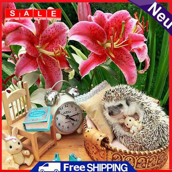 Full Drill Round Rhinestone DIY 5D Mosaic Hedgehog Clock Painting Kit Room Decor