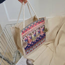 Women Linen Shoulder Bag Retro Ethnic Large Tassels Tote Handbag (Purple)