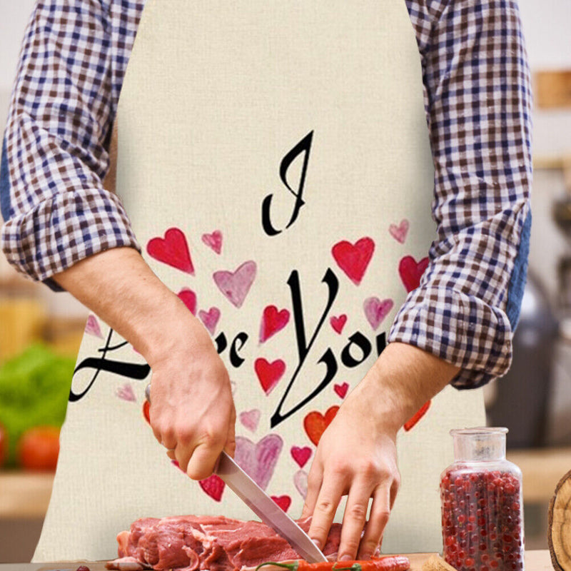 I Love You Printed Linen Apron Waterproof Kitchen Cooking Bibs (82x68cm)