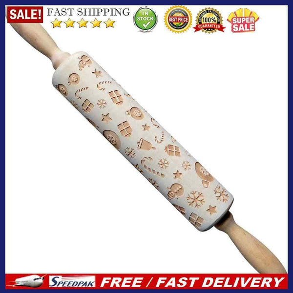 Christmas Gift Pattern Wooden Rolling Pin Dough Engraved Roller DIY Supplies