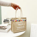 Fashion Linen Tote Handbag Women Pompom Shoulder Shopping Lunch Bag (White)