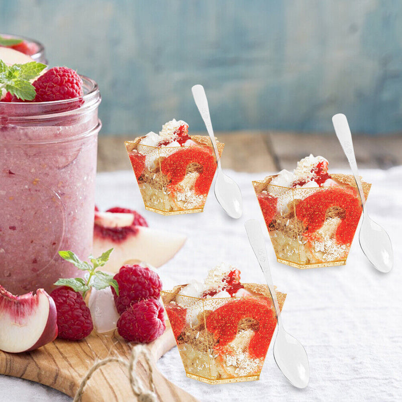 50pcs Dessert Bowl Golden Dot Cake Cup with Spoon Set for Tasting Pudding Yogurt