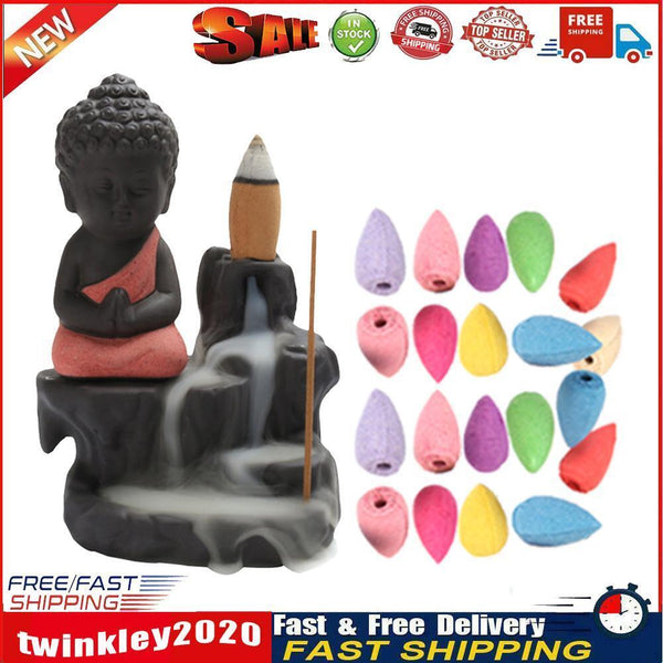 20pcs Incense Cones 1pcs Burner Buddha Waterfall Backflow Stove (Red) Newly