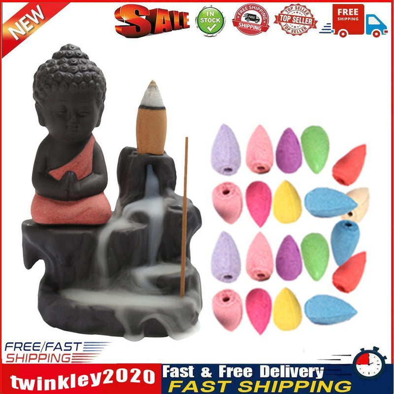 20pcs Incense Cones 1pcs Burner Buddha Waterfall Backflow Stove (Red) Newly