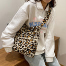 Women Simple Fashion Messenger Bag Soft Fur Leopard Winter Autumn Travel Handbag
