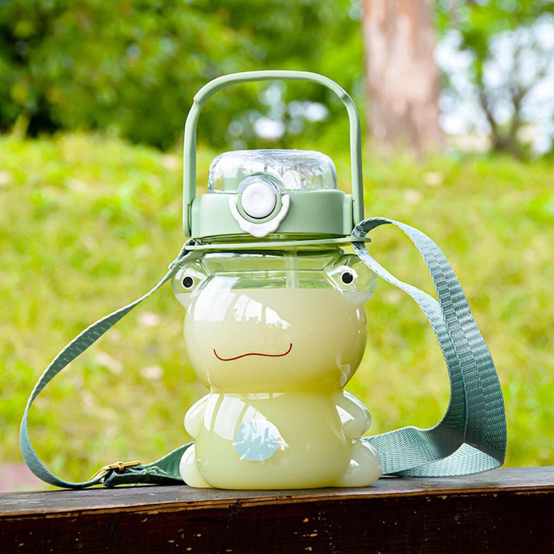 Frog Water Bottle with Straw and Strap Plastic Drinking Bottle Leakproof~