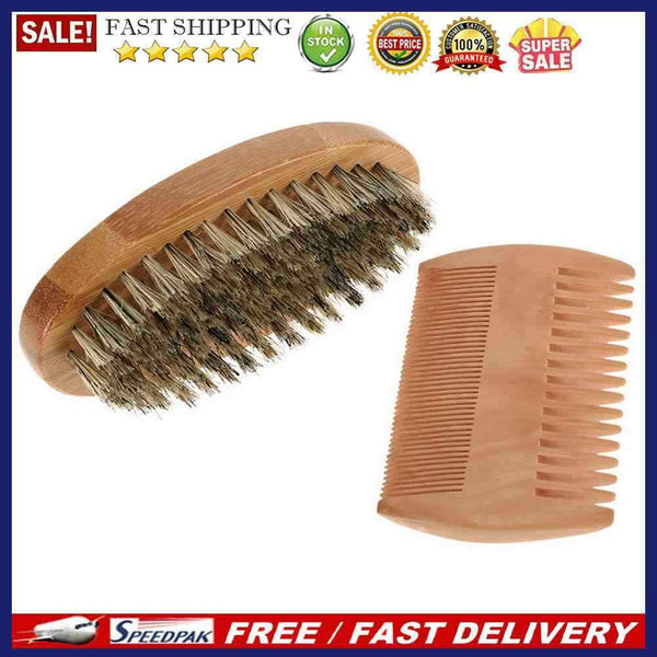 Professional Men Mustache Shaving Comb Bristle Wood Beard Brush Face Cleani