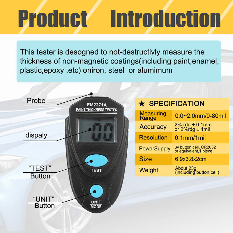 Digital Mini Car Paint Tester Coating Thickness Gauge Meter Tools Fe/NFe 0.1-2mm