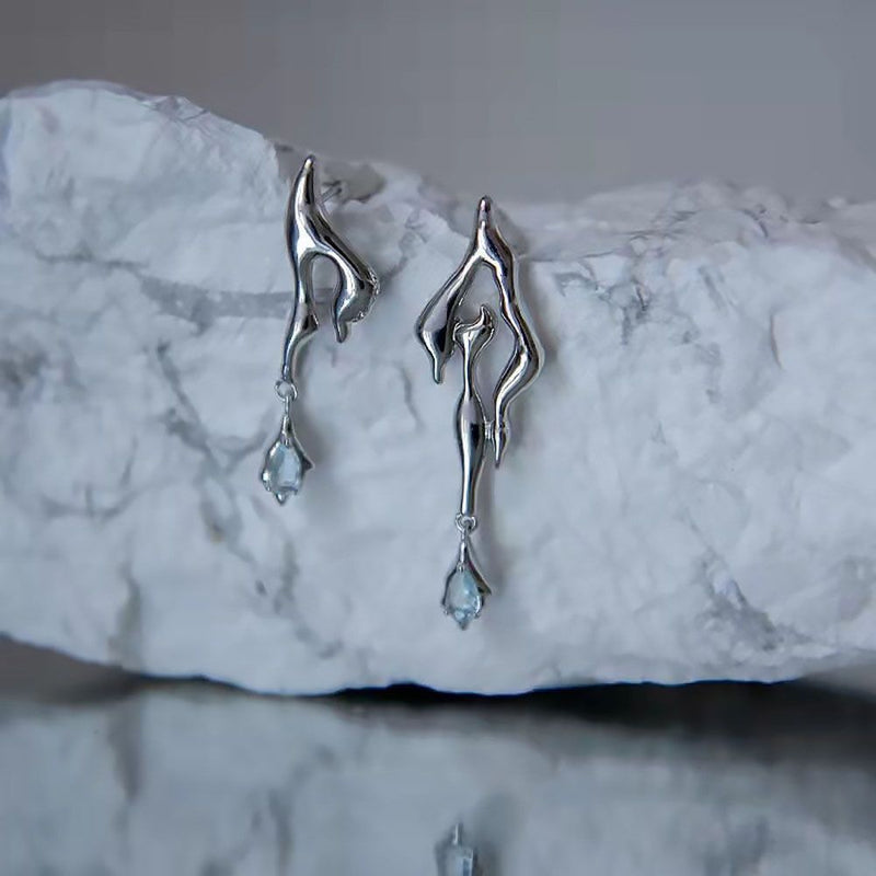 Woman Man Asymmetrical Irregular Cool Zircon Geometric Liquid Metal Earrings