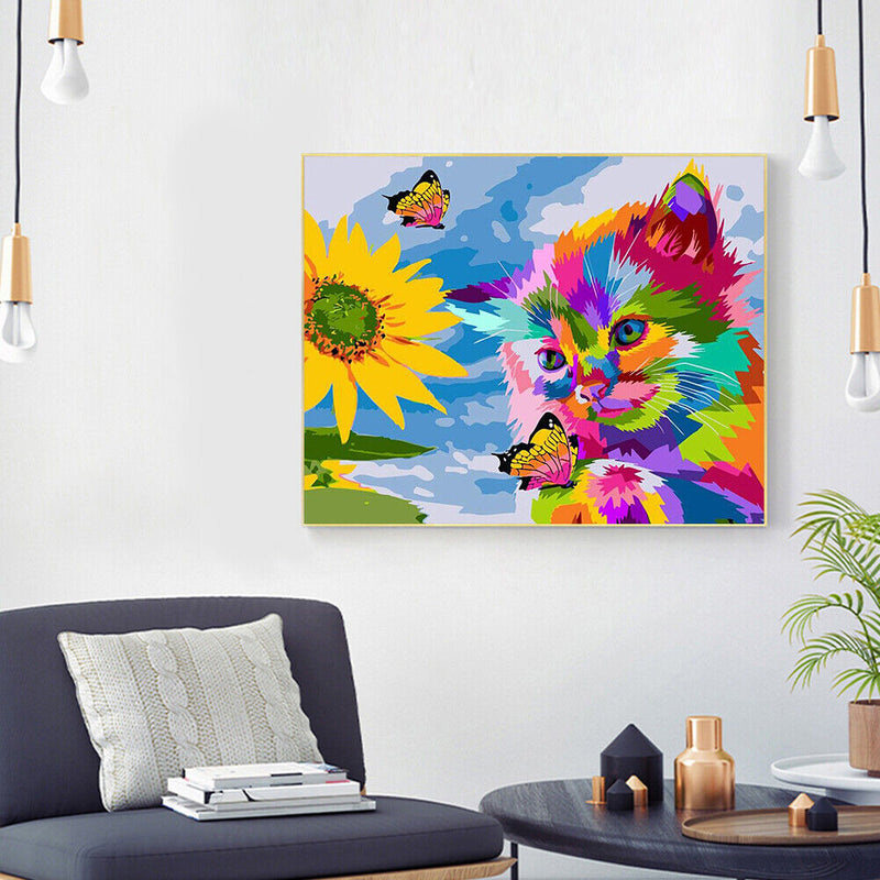 Frameless Cat Sunflower Oil Paint By Numbers DIY Handmade Drawing On Canvas Kit