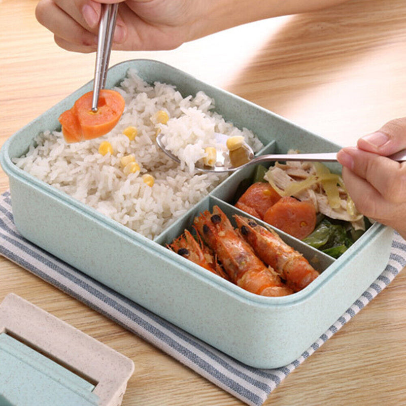 Microwave Lunch Box Wheat Straw Compartments Bento Food Container (Blue) Newly