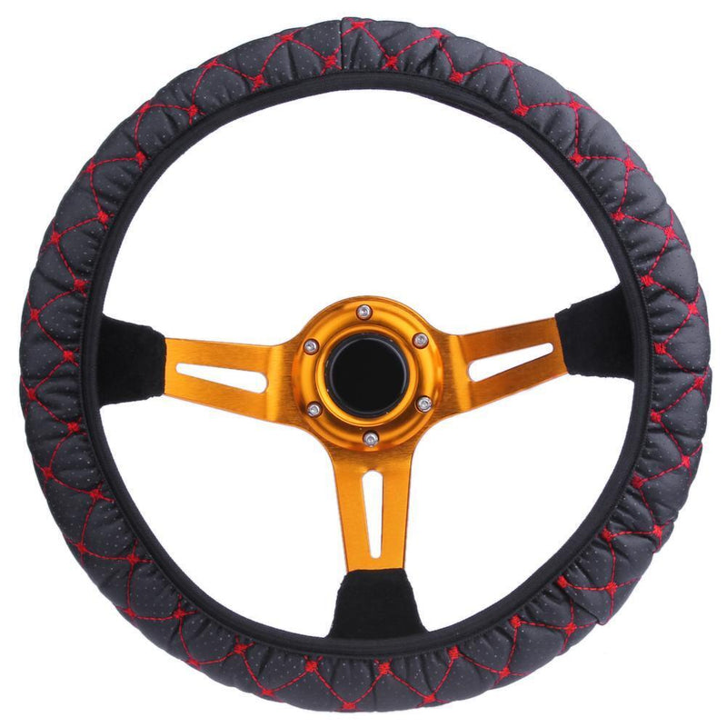 Elastic Black/Red Embroidered Cover for 38cm Diameter Car Steering Wheel