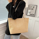 Large Capacity Woven Handbag Women Straw Fashion Leather Splicing Shoulder Bags