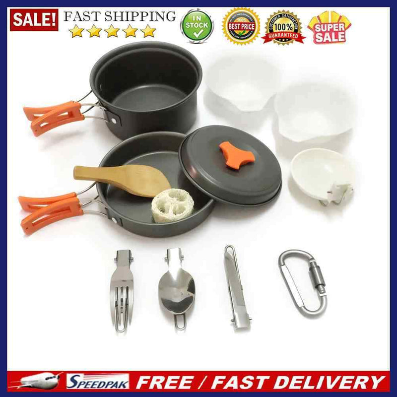 1-2 Person 12pcs Outdoor Camping Hiking Picnic Cookware Bowl Pot Fry Pan