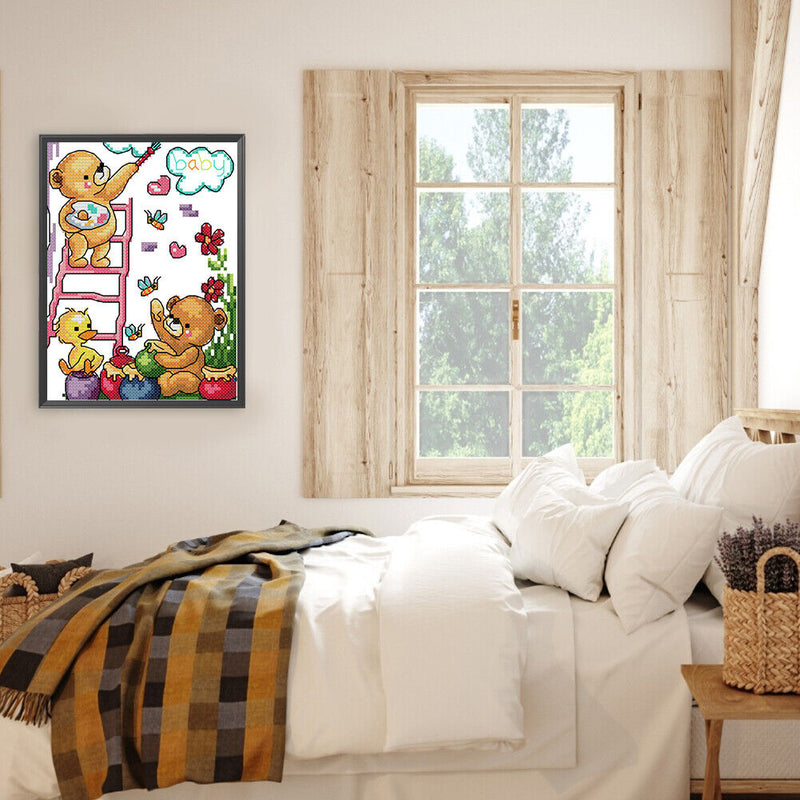 14CT Partial Stamped Embroidery Happy Painting Canvas Chinese Cross Stitch Set