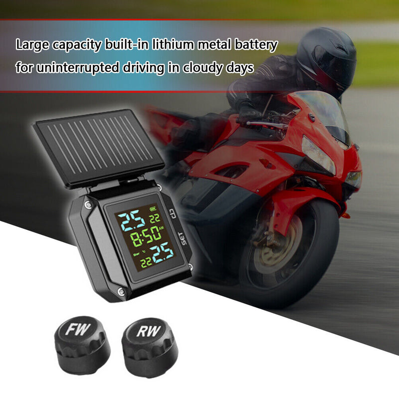 Wireless LCD Tire Pressure Monitor Solar Waterproof Motorcycle TPMS Kit Newly