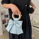 Bow Tie Bucket Crossbody Bag Women Leather Round Wooden Handle Shoulder Handbag