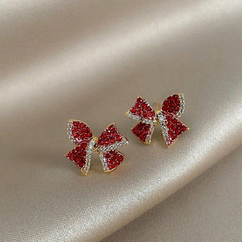 Women Hoop Rhinestone Copper Red Bow Earrings Stud Jewelry Zircon Dangle