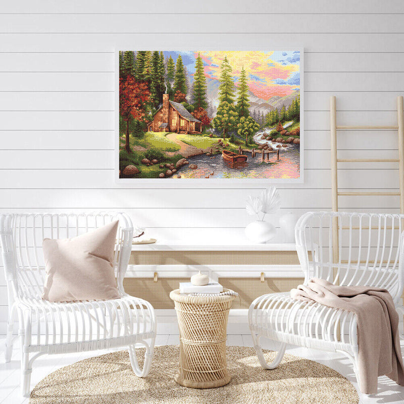 11CT 3 Beach Printed Full Embroidery River House Needlework Cross Stitch Kit