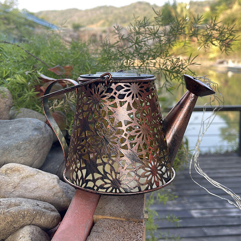 LED Solar Watering Can Lamp Garden Shower Art Metal Iron Kettle Light (B) Newly