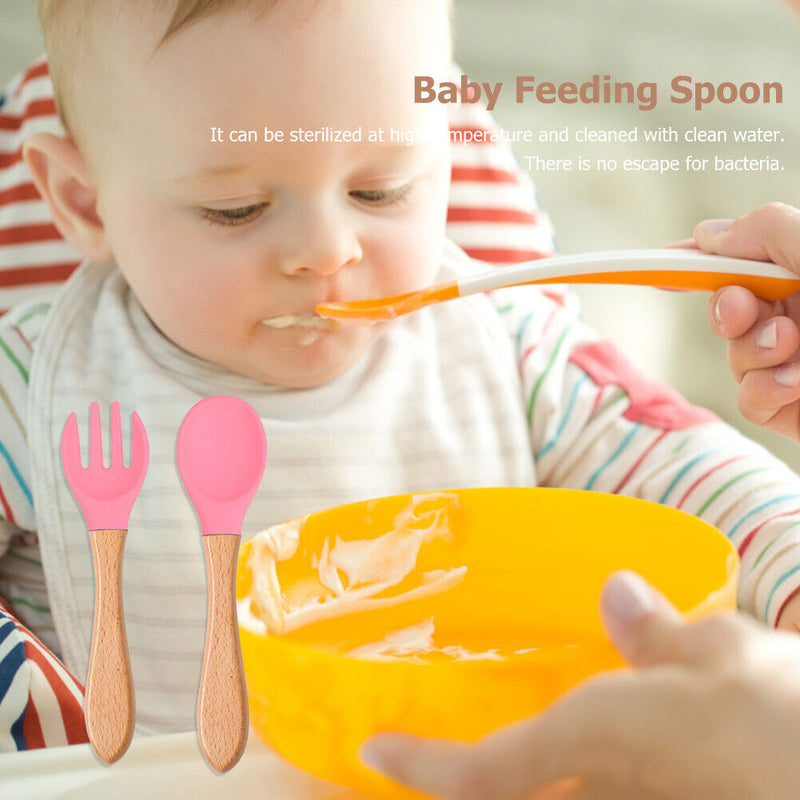 Baby Wooden Silicone Feeding Spoon Toddlers BPA-free Tableware (14) Newly