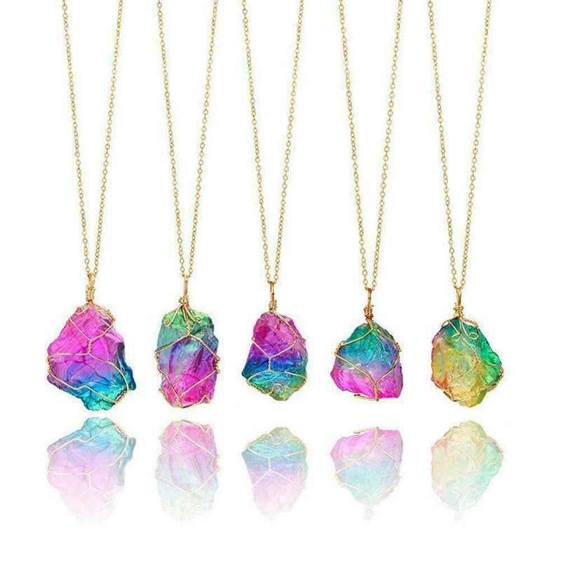 Rainbo Aura Quartz Crystal Pendulum Necklace Pendant B1T3 Crystal Chakra E6H6